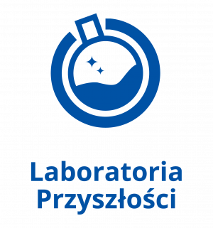 Logo pokazujące przyrząd laboratoryjny w kolorze niebieskim, nad nim napis Laboratoria przyszłości