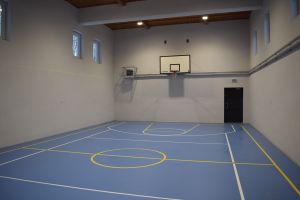 Niebieski parkiet w sali gimnastycznej