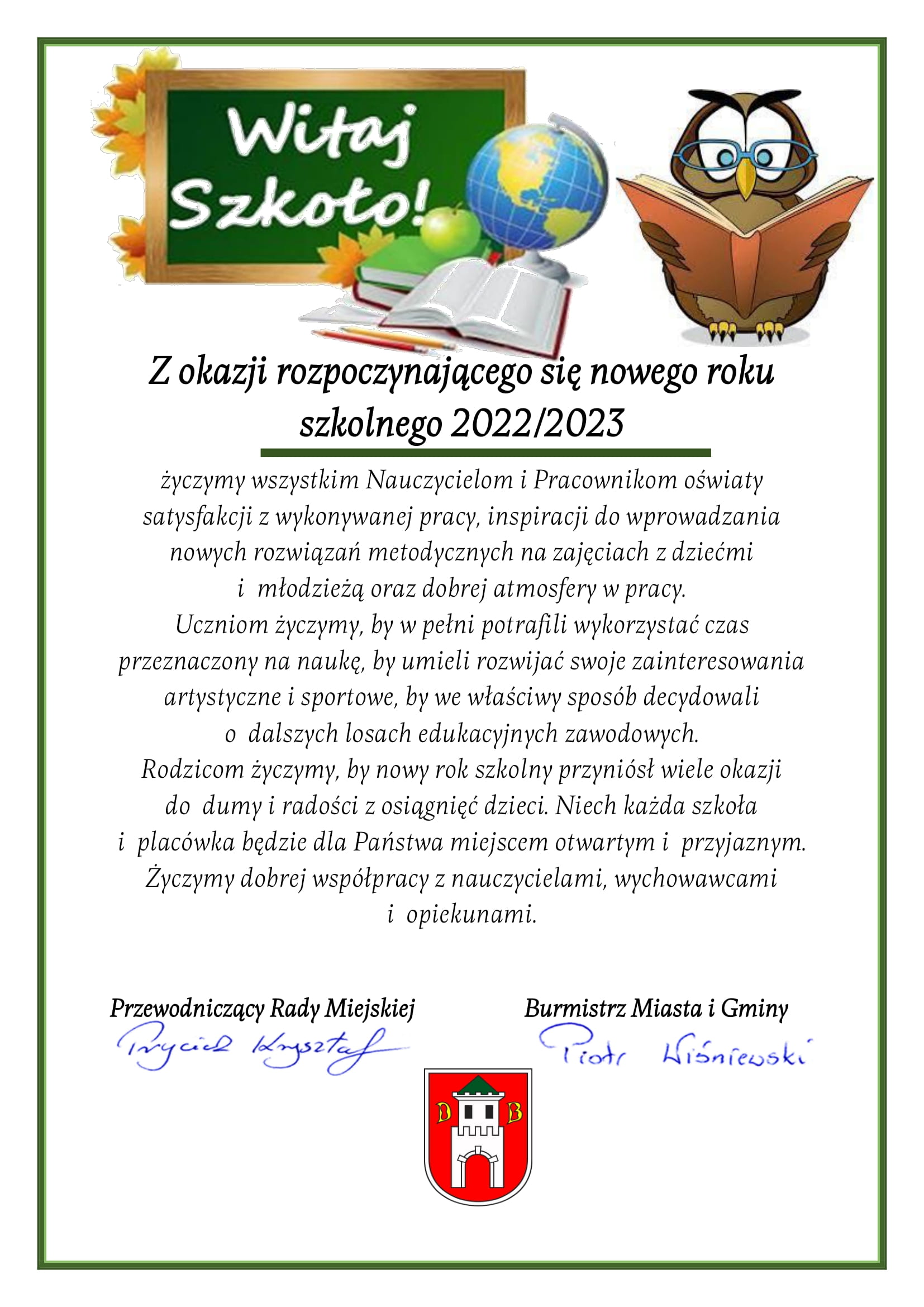 Życzenia z okazji rozpoczęcia nowego roku szkolnego 2022/2023
